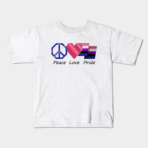 Peace, Love, and Pride design in Gender Fluid pride flag colors Kids T-Shirt by LiveLoudGraphics